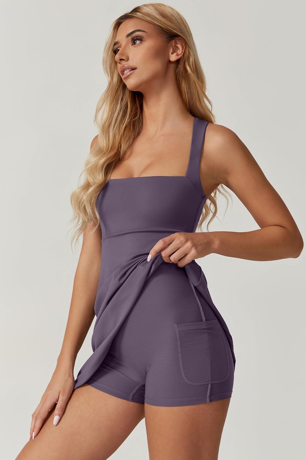 imageQINSEN Womens Square Neck Tennis Dress Sleeveless Built in Shorts Golf Athletic Dress with PocketsPrune Purple