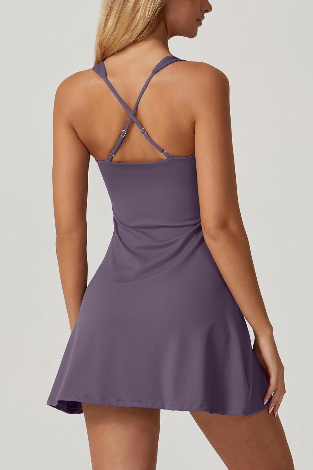 imageQINSEN Womens Square Neck Tennis Dress Sleeveless Built in Shorts Golf Athletic Dress with PocketsPrune Purple