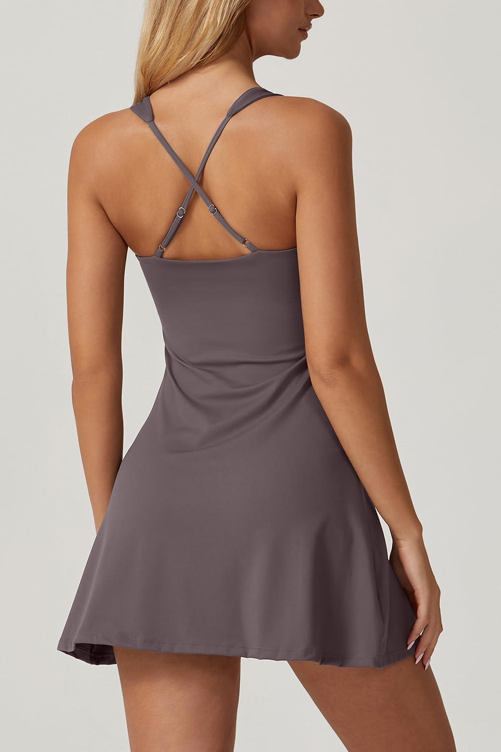 imageQINSEN Womens Square Neck Tennis Dress Sleeveless Built in Shorts Golf Athletic Dress with PocketsRose Taupe