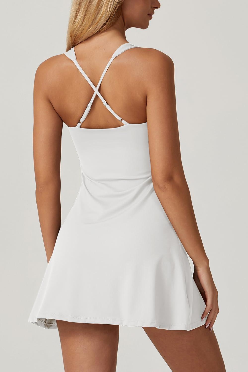 imageQINSEN Womens Square Neck Tennis Dress Sleeveless Built in Shorts Golf Athletic Dress with PocketsWhite