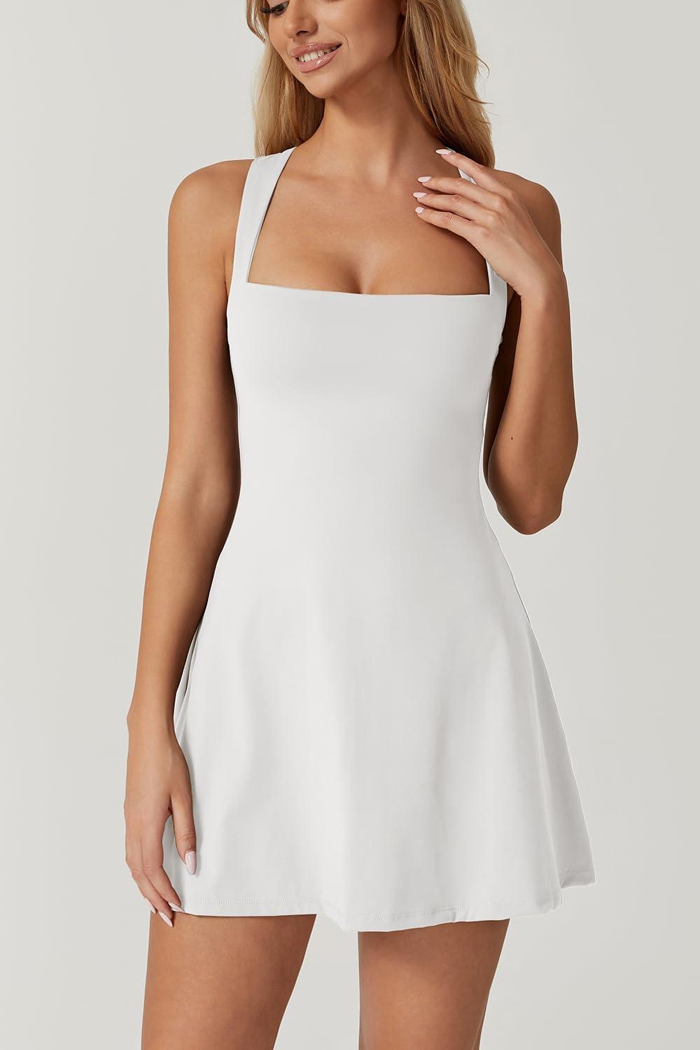 imageQINSEN Womens Square Neck Tennis Dress Sleeveless Built in Shorts Golf Athletic Dress with PocketsWhite