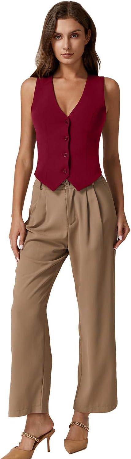 imageQINSEN Womens V Neck Vest Top Sleeveless Button Down Fully Lined Solid Going Out Crop TopsBurgundy