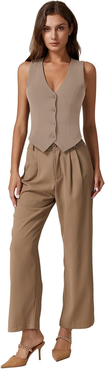 imageQINSEN Womens V Neck Vest Top Sleeveless Button Down Fully Lined Solid Going Out Crop TopsTurner Taupe