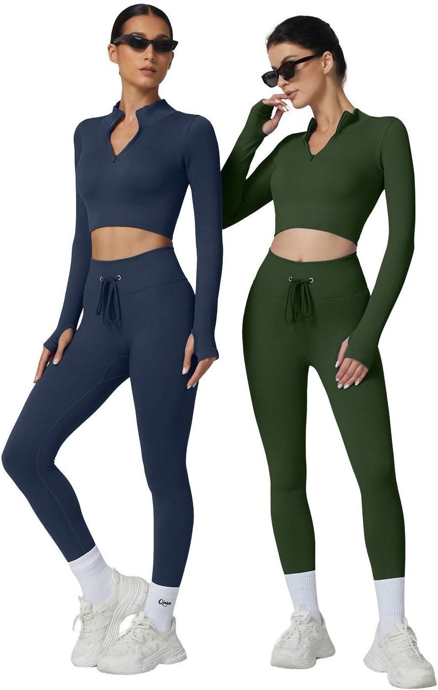 imageQINSEN Workout Sets for Women 2 Piece Seamless Long Sleeve Crop Tops Ribbed High Waist LeggingsY118 Dark Blue