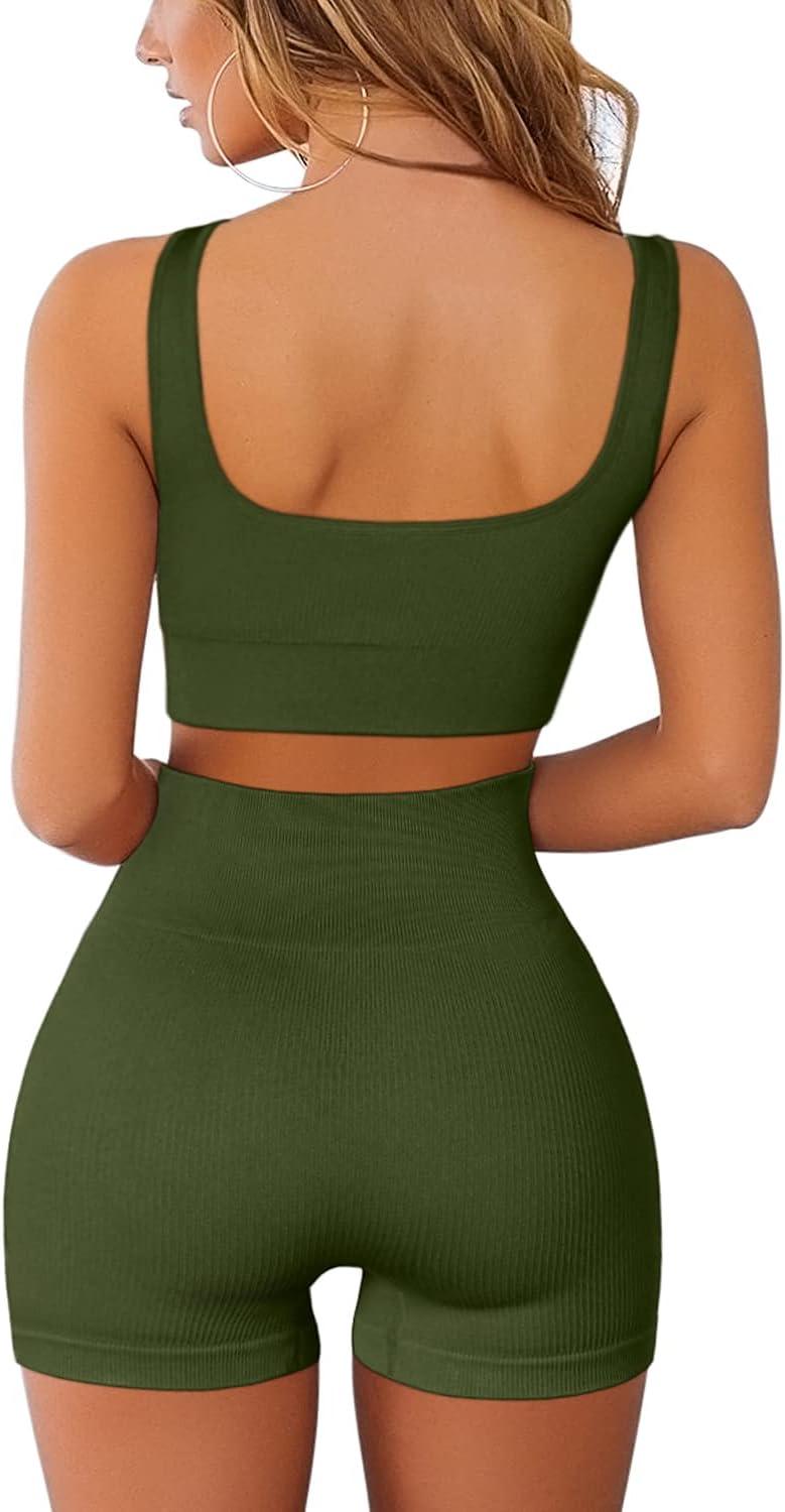imageQINSEN Workout Sets for Women 2 Piece Seamless Ribbed Crop Tank High Waist Shorts Yoga OutfitsArmy Green