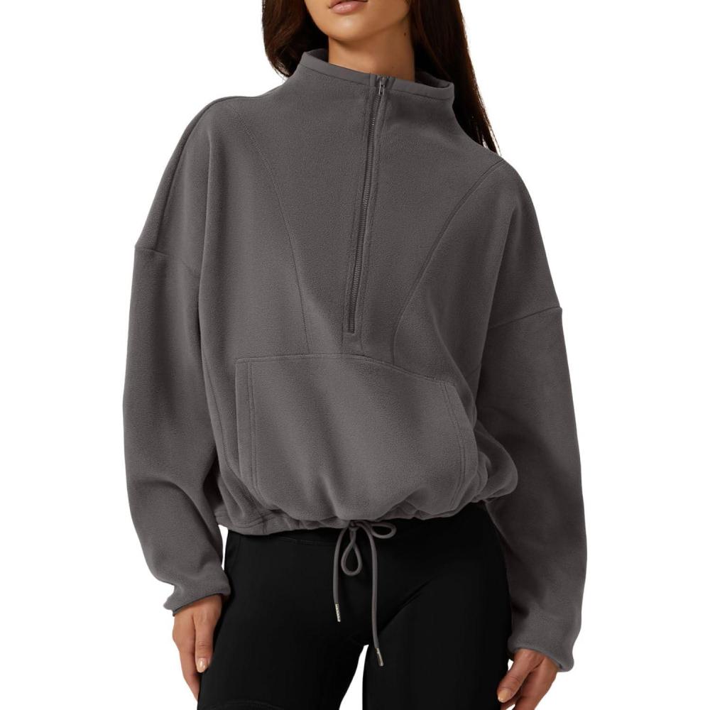 imageQINSEN Women Half Zip Fleece Sweatshirt Mock Neck Long Sleeve Winter Cozy Sherpa Pullover Sweater TopsDark Grey