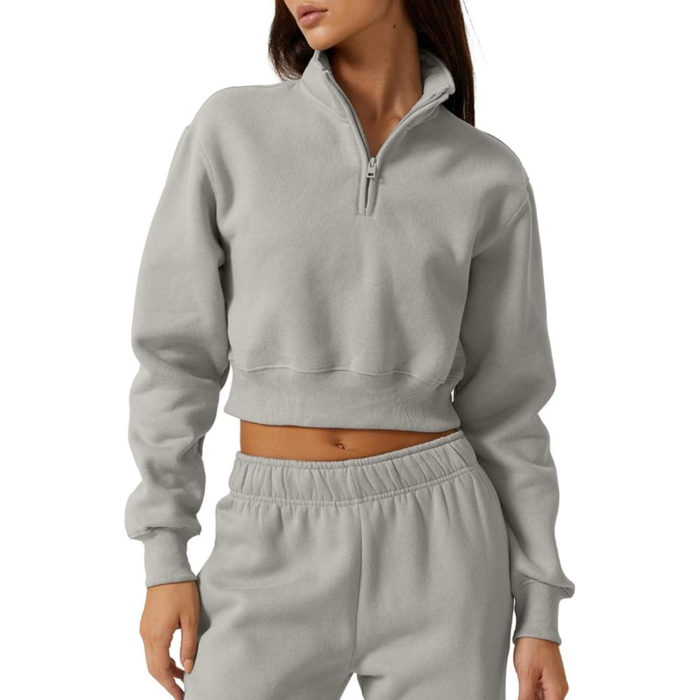 imageQINSEN Womens Half Zip Crop Sweatshirt High Neck Long Sleeve Pullover Cropped TopLight Grey