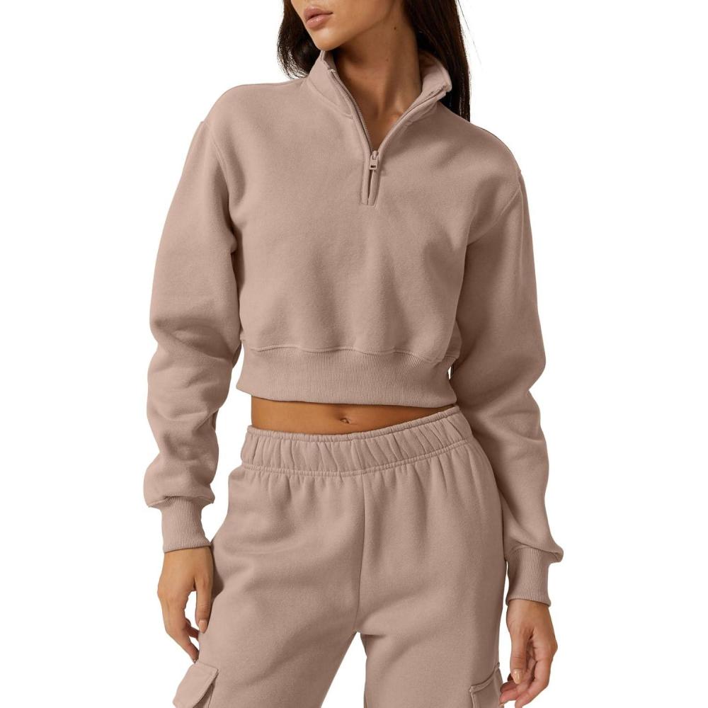imageQINSEN Womens Half Zip Crop Sweatshirt High Neck Long Sleeve Pullover Cropped TopMushroom