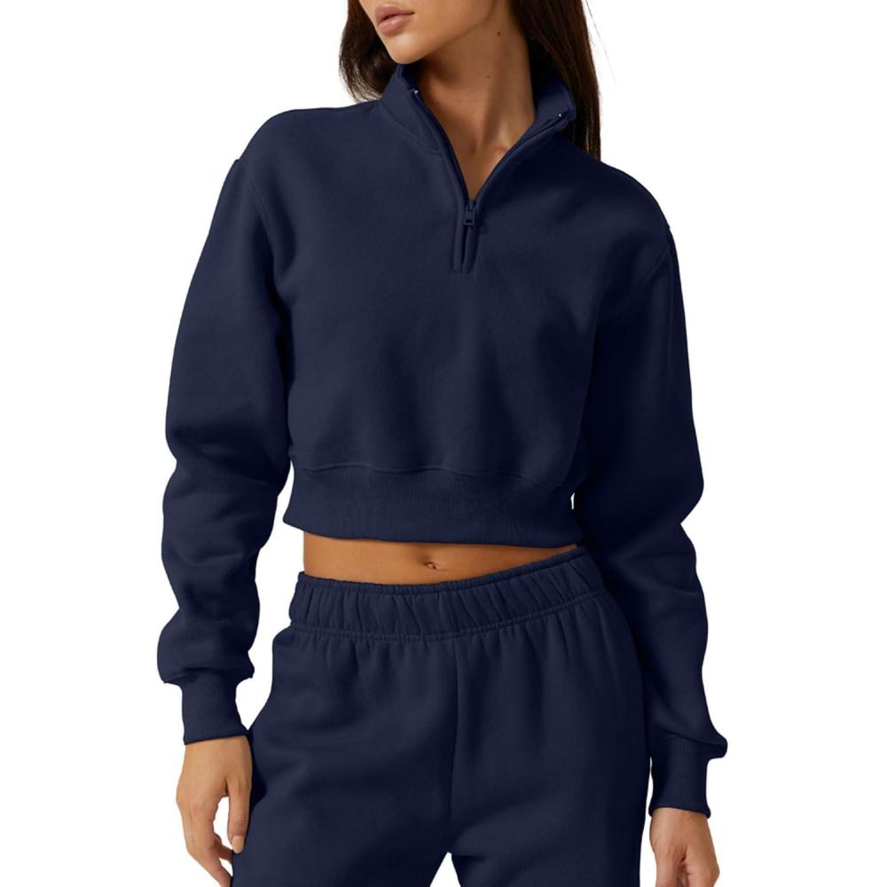 imageQINSEN Womens Half Zip Crop Sweatshirt High Neck Long Sleeve Pullover Cropped TopNavy