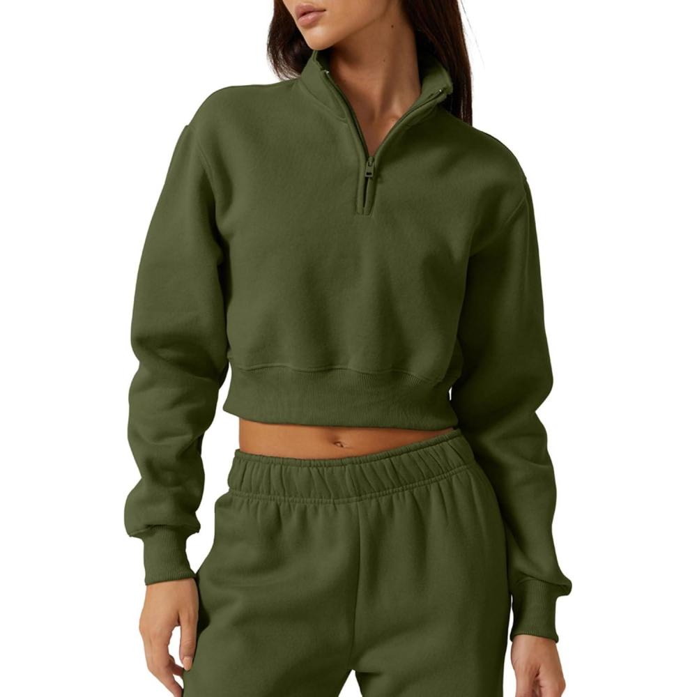 imageQINSEN Womens Half Zip Crop Sweatshirt High Neck Long Sleeve Pullover Cropped TopOlive Green