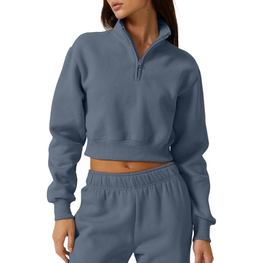 imageQINSEN Womens Half Zip Crop Sweatshirt High Neck Long Sleeve Pullover Cropped TopSlate Blue