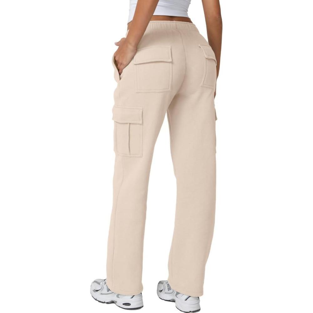 imageQINSEN Womens Medium Waist Baggy Elastic Waist Sweatpants Casual Fleece Long Pants with PocketsBeige