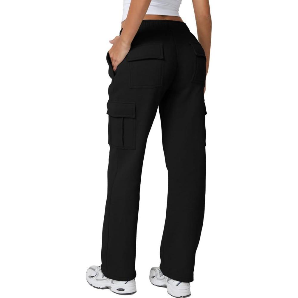 imageQINSEN Womens Medium Waist Baggy Elastic Waist Sweatpants Casual Fleece Long Pants with PocketsBlack