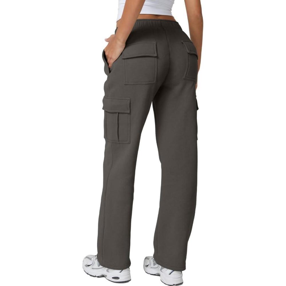 imageQINSEN Womens Medium Waist Baggy Elastic Waist Sweatpants Casual Fleece Long Pants with PocketsCharcoal Grey