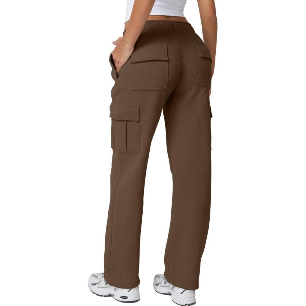 imageQINSEN Womens Medium Waist Baggy Elastic Waist Sweatpants Casual Fleece Long Pants with PocketsChestnut