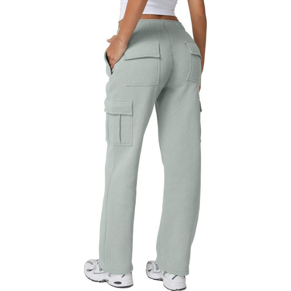 imageQINSEN Womens Medium Waist Baggy Elastic Waist Sweatpants Casual Fleece Long Pants with PocketsFrosty Green