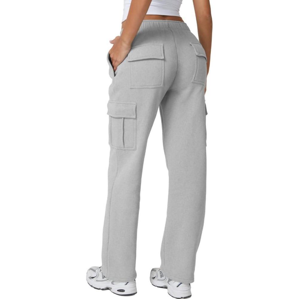 imageQINSEN Womens Medium Waist Baggy Elastic Waist Sweatpants Casual Fleece Long Pants with PocketsGrey