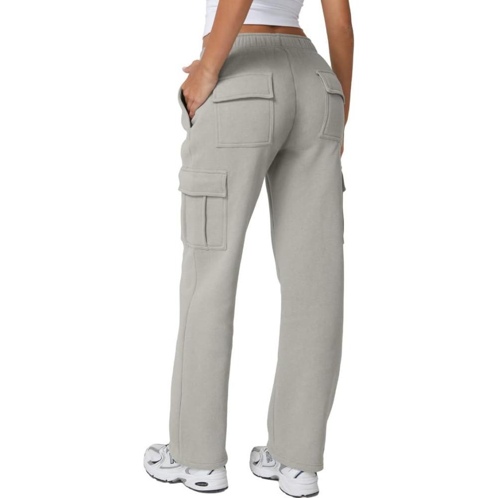 imageQINSEN Womens Medium Waist Baggy Elastic Waist Sweatpants Casual Fleece Long Pants with PocketsLight Grey