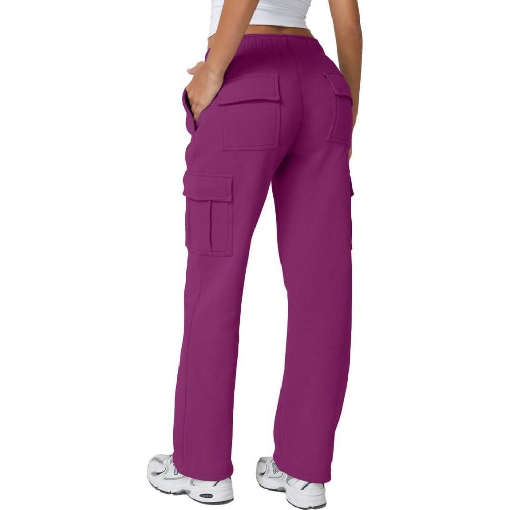imageQINSEN Womens Medium Waist Baggy Elastic Waist Sweatpants Casual Fleece Long Pants with PocketsMagenta