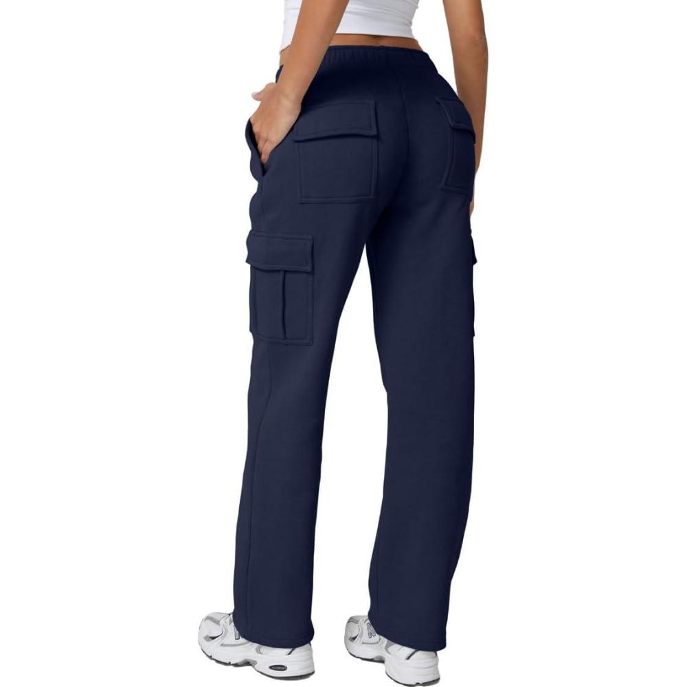 imageQINSEN Womens Medium Waist Baggy Elastic Waist Sweatpants Casual Fleece Long Pants with PocketsNavy