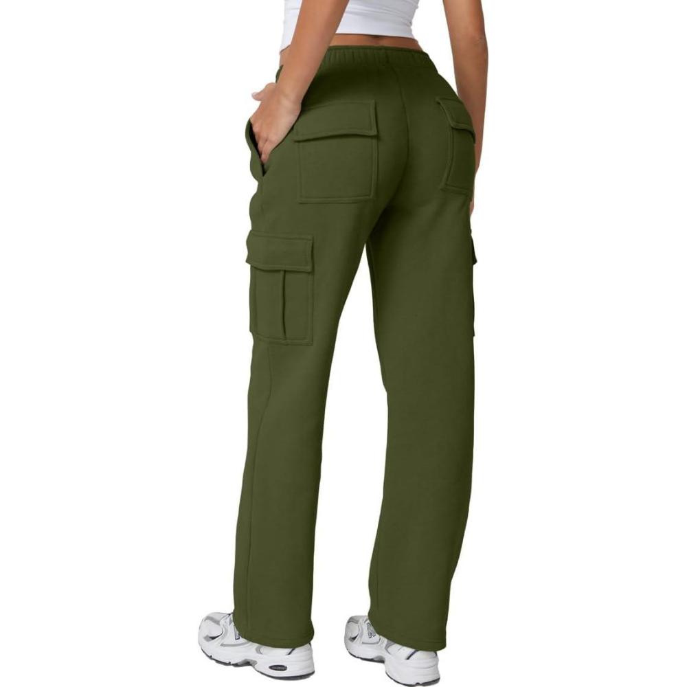 imageQINSEN Womens Medium Waist Baggy Elastic Waist Sweatpants Casual Fleece Long Pants with PocketsOlive Green