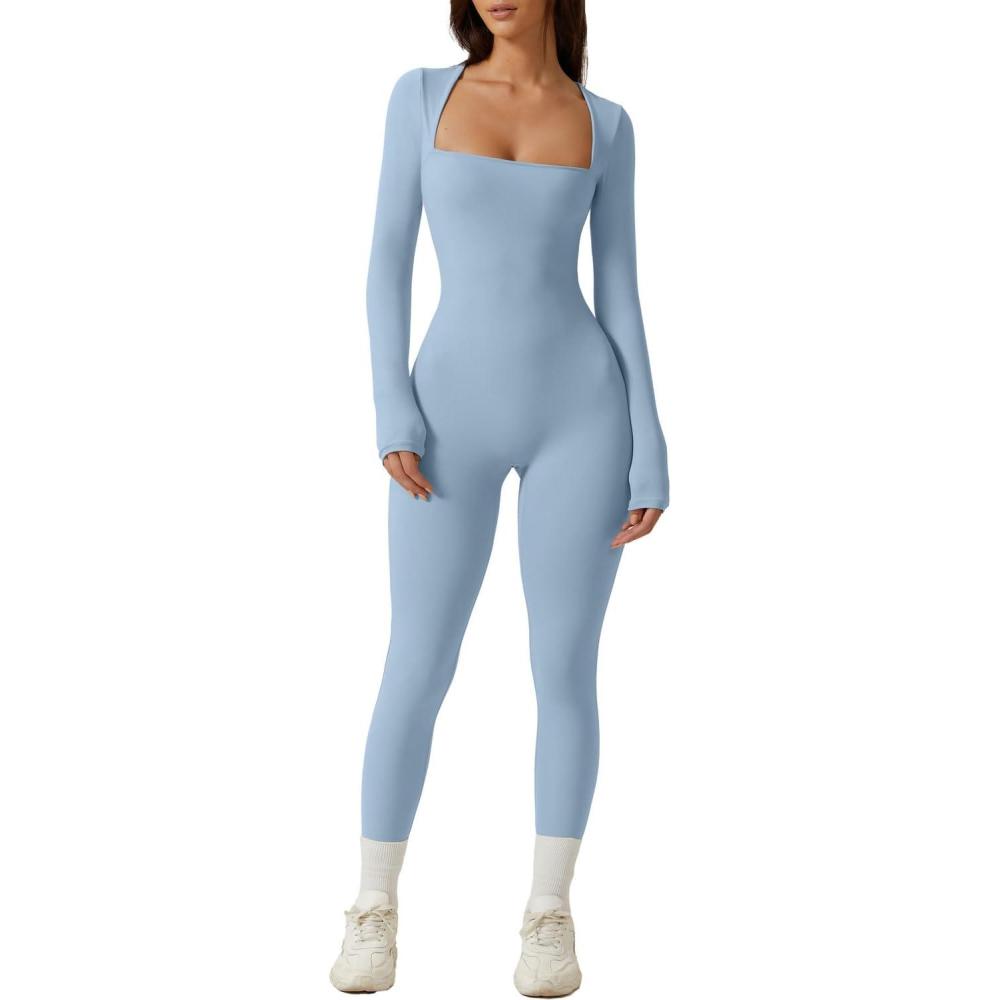 imageQINSEN Womens Sexy Square Neck Long Sleeve Full Length Leggings Bodycon Stretch JumpsuitBlue
