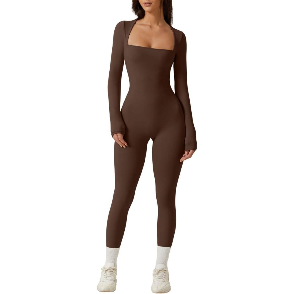 imageQINSEN Womens Sexy Square Neck Long Sleeve Full Length Leggings Bodycon Stretch JumpsuitBrown