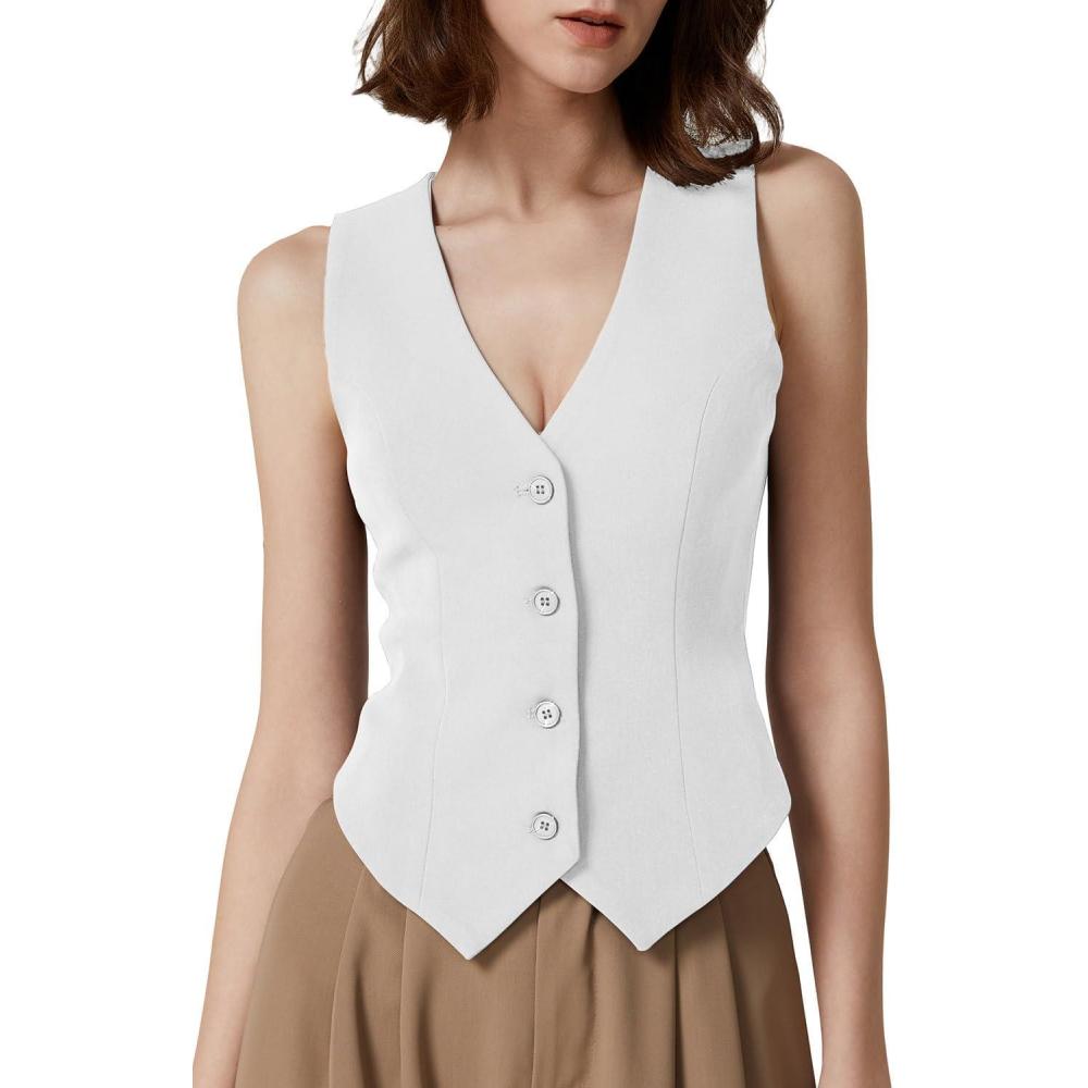 imageQINSEN Womens V Neck Vest Top Sleeveless Button Down Fully Lined Solid Going Out Crop TopsWhite