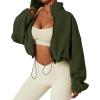 QINSEN Women’s Full Zip Fleece Short Jacket Warm Winter Long Sleeve Stand Collar Sherpa Crop Coat(Army Green)