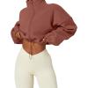 QINSEN Women’s Full Zip Fleece Short Jacket Warm Winter Long Sleeve Stand Collar Sherpa Crop Coat(Auburn)
