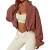QINSEN Women’s Full Zip Fleece Short Jacket Warm Winter Long Sleeve Stand Collar Sherpa Crop Coat(Auburn)