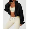 QINSEN Women’s Full Zip Fleece Short Jacket Warm Winter Long Sleeve Stand Collar Sherpa Crop Coat(Black)