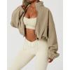 QINSEN Women’s Full Zip Fleece Short Jacket Warm Winter Long Sleeve Stand Collar Sherpa Crop Coat(Camel)