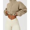 QINSEN Women’s Full Zip Fleece Short Jacket Warm Winter Long Sleeve Stand Collar Sherpa Crop Coat(Camel)