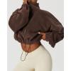 QINSEN Women’s Full Zip Fleece Short Jacket Warm Winter Long Sleeve Stand Collar Sherpa Crop Coat(Caramel Coffee)