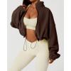 QINSEN Women’s Full Zip Fleece Short Jacket Warm Winter Long Sleeve Stand Collar Sherpa Crop Coat(Caramel Coffee)