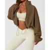 QINSEN Women’s Full Zip Fleece Short Jacket Warm Winter Long Sleeve Stand Collar Sherpa Crop Coat(Chestnut)