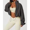 QINSEN Women’s Full Zip Fleece Short Jacket Warm Winter Long Sleeve Stand Collar Sherpa Crop Coat(Dark Grey)