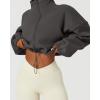QINSEN Women’s Full Zip Fleece Short Jacket Warm Winter Long Sleeve Stand Collar Sherpa Crop Coat(Dark Grey)