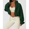 QINSEN Women’s Full Zip Fleece Short Jacket Warm Winter Long Sleeve Stand Collar Sherpa Crop Coat(Forest Green)
