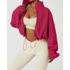 QINSEN Women’s Full Zip Fleece Short Jacket Warm Winter Long Sleeve Stand Collar Sherpa Crop Coat(Innuendo Rosy)
