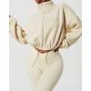 QINSEN Women’s Full Zip Fleece Short Jacket Warm Winter Long Sleeve Stand Collar Sherpa Crop Coat(Ivory)