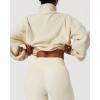 QINSEN Women’s Full Zip Fleece Short Jacket Warm Winter Long Sleeve Stand Collar Sherpa Crop Coat(Ivory)