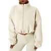 QINSEN Women’s Full Zip Fleece Short Jacket Warm Winter Long Sleeve Stand Collar Sherpa Crop Coat(Ivory)
