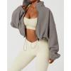 QINSEN Women’s Full Zip Fleece Short Jacket Warm Winter Long Sleeve Stand Collar Sherpa Crop Coat(Light Grey)