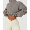 QINSEN Women’s Full Zip Fleece Short Jacket Warm Winter Long Sleeve Stand Collar Sherpa Crop Coat(Light Grey)