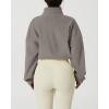 QINSEN Women’s Full Zip Fleece Short Jacket Warm Winter Long Sleeve Stand Collar Sherpa Crop Coat(Light Grey)