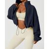 QINSEN Women’s Full Zip Fleece Short Jacket Warm Winter Long Sleeve Stand Collar Sherpa Crop Coat(Navy)