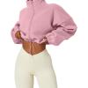 QINSEN Women’s Full Zip Fleece Short Jacket Warm Winter Long Sleeve Stand Collar Sherpa Crop Coat(Pink)