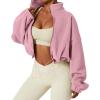 QINSEN Women’s Full Zip Fleece Short Jacket Warm Winter Long Sleeve Stand Collar Sherpa Crop Coat(Pink)